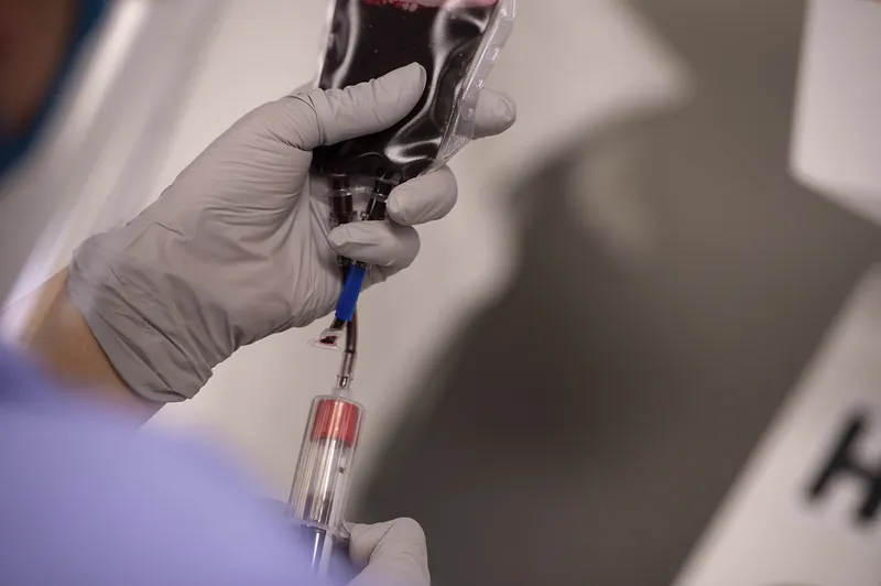 bolsa de sangue e seringa, em referência a relação entre tatuagem e doação de sangue