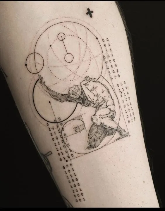 Tatuagem em traços finos de Atlas e uma sequência fibonacci