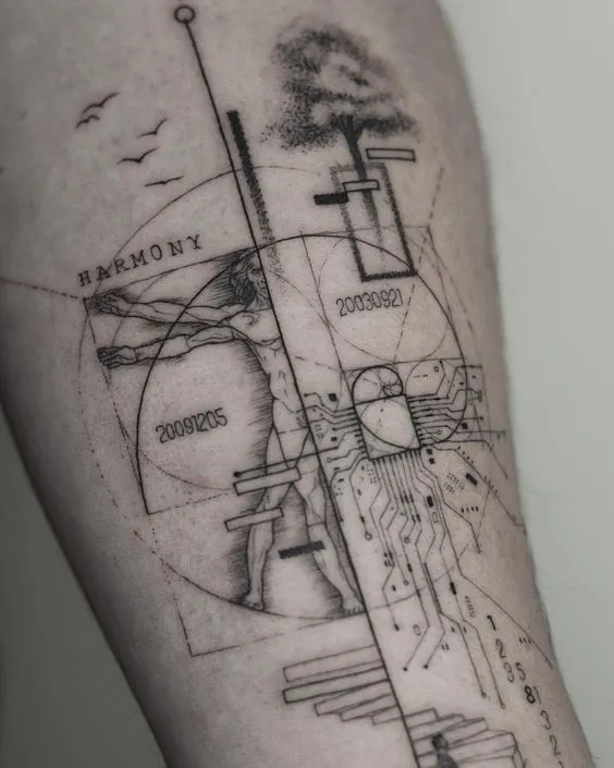 Tatuagem Estilo Conceito com traços finos, a imagem do homem vitruviano e alguns circuitos.