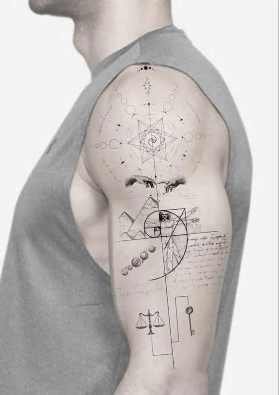 tatuagem estilo conceitual, com traços finos, sequência fibonacci e referência à Criação de Adão.