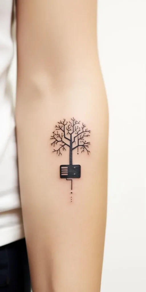 Tatuagem com uma árvore saindoi de um microchip
