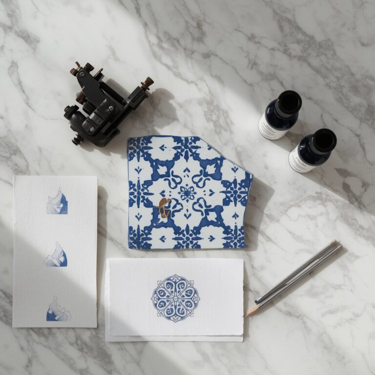 Tatuagem de azulejo no Porto em fine line — azulejo português, esboços geométricos e máquina no estúdio Gi Bianco.